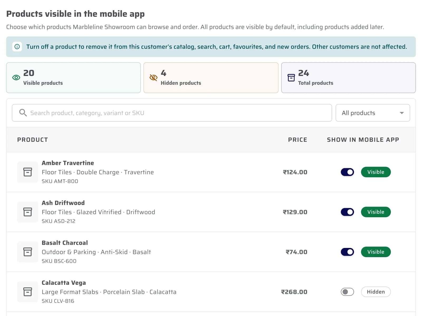 CeramicPortal customer product visibility controls in the fictional demo tenant