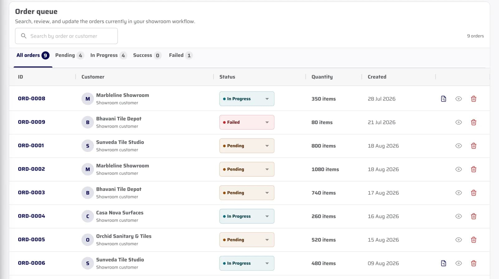 CeramicPortal order inbox showing structured retailer orders in the fictional demo tenant