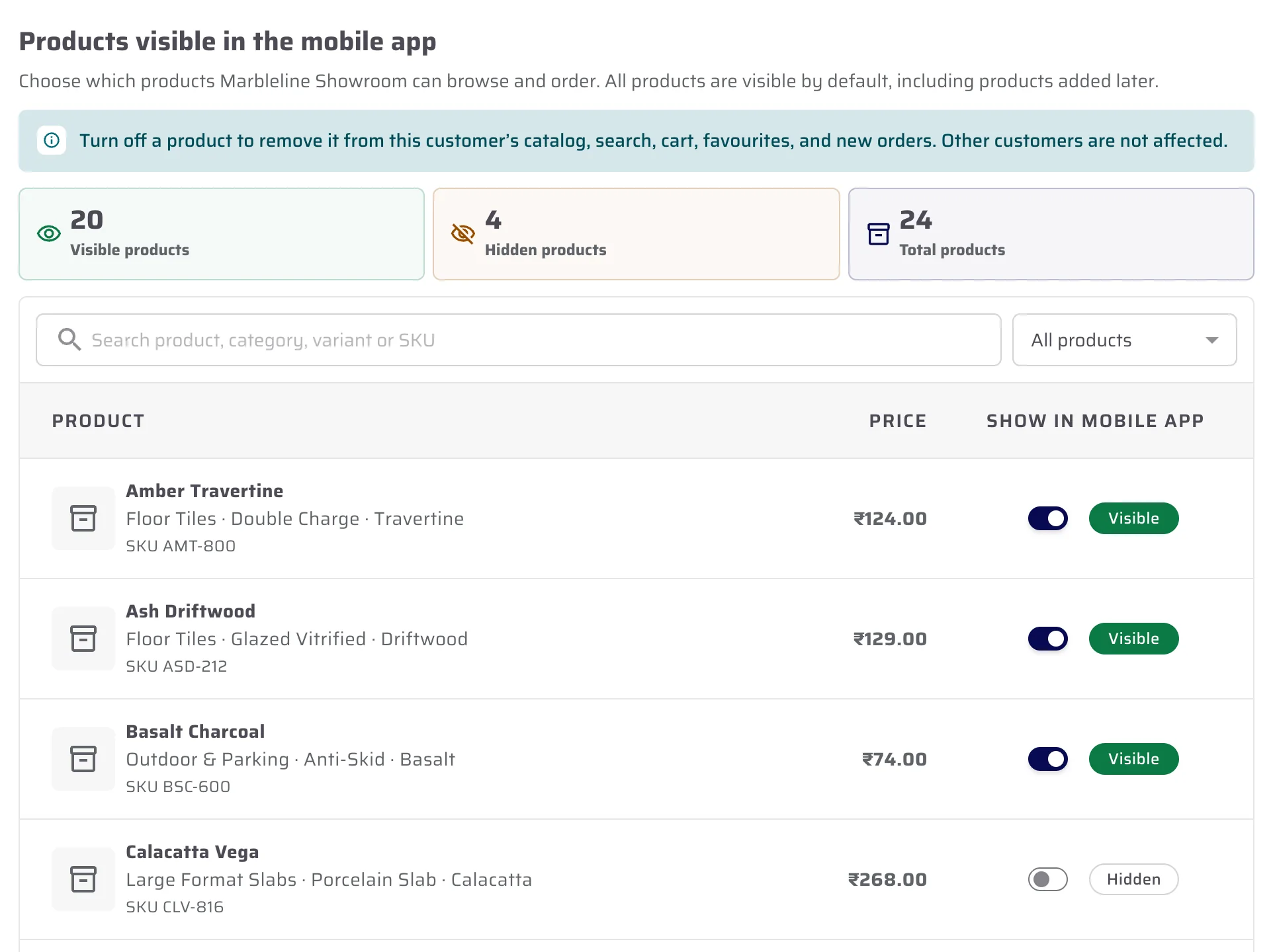 One customer's product visibility screen showing 20 visible products, 4 hidden and 24 in total, with a per-product toggle labelled Show in mobile app.
