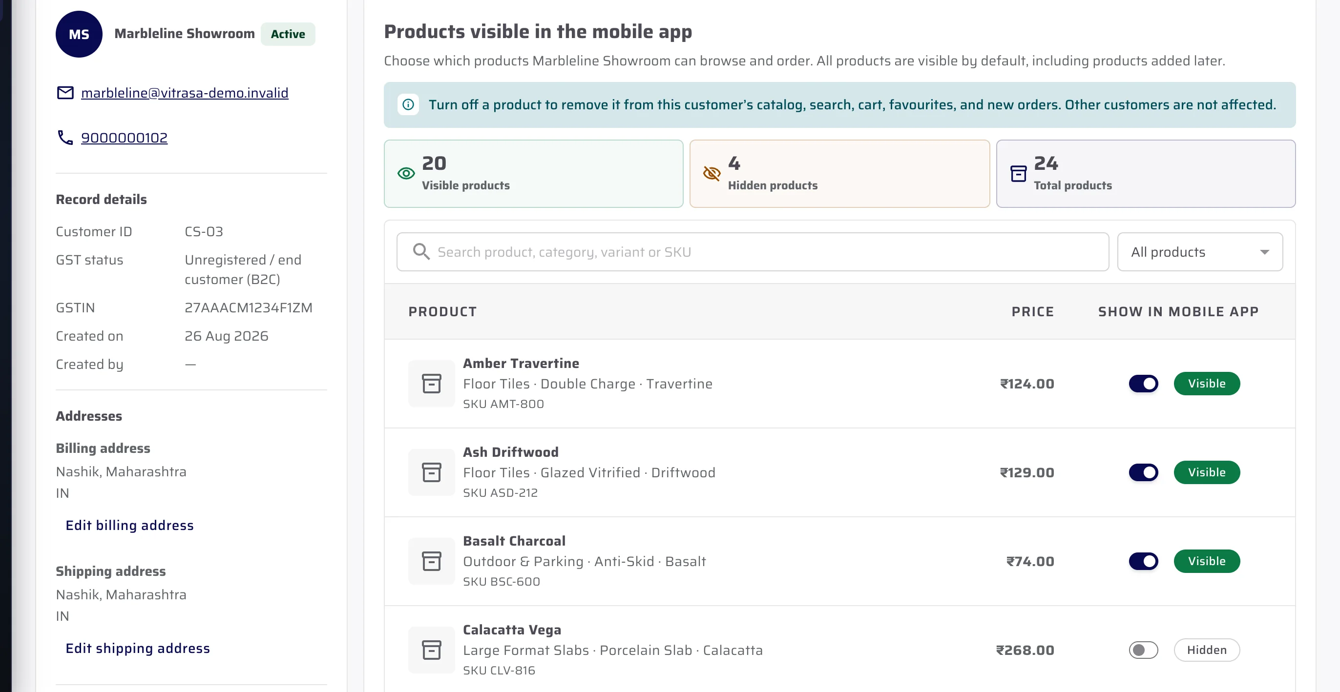 Customer product visibility in the CeramicPortal fictional demo business