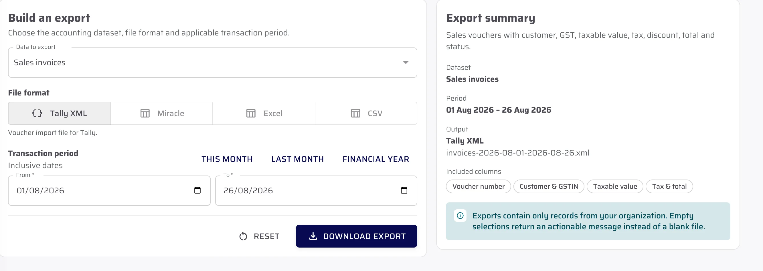 The accounting export builder with Sales invoices selected, four file formats offered — Tally XML, Miracle, Excel and CSV — a transaction period, and a summary naming the output file.