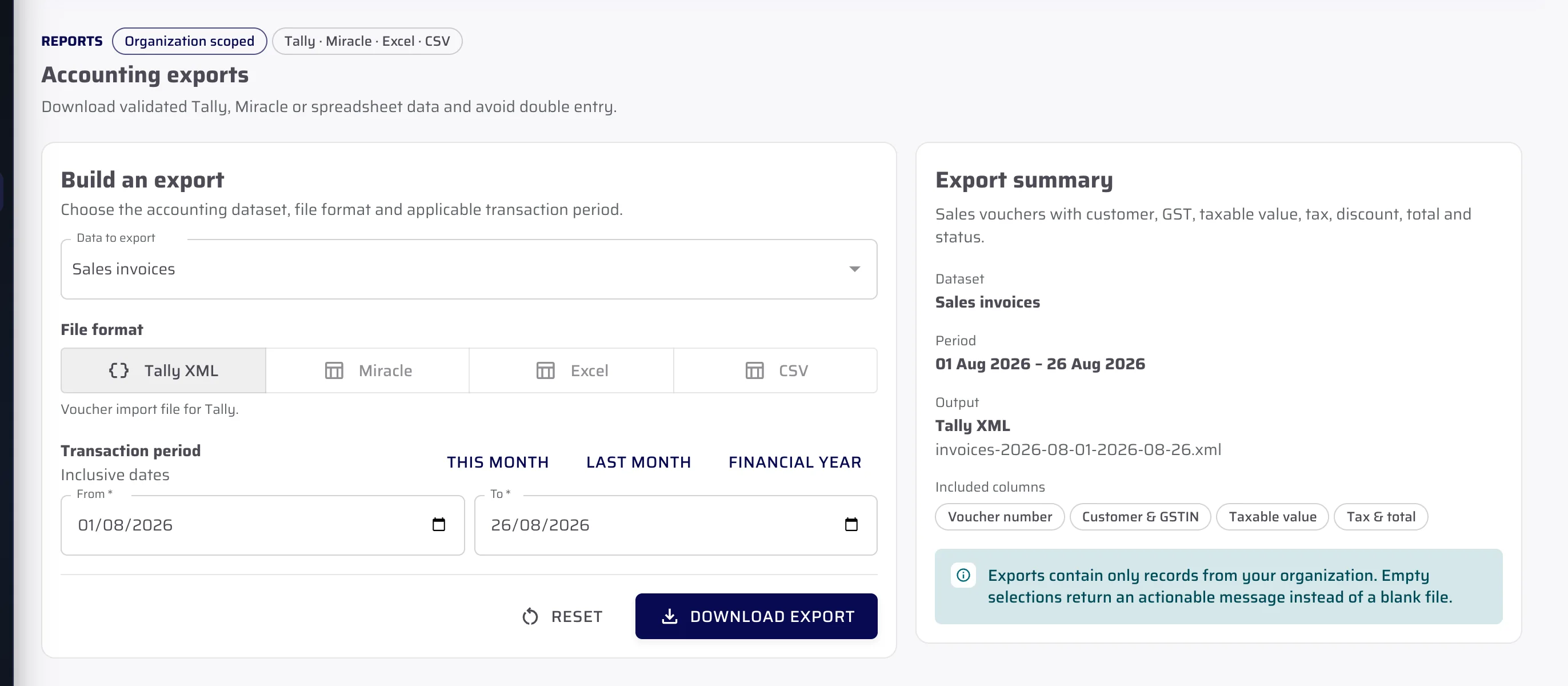 Accounts and owner: Download accounting files and check reports.