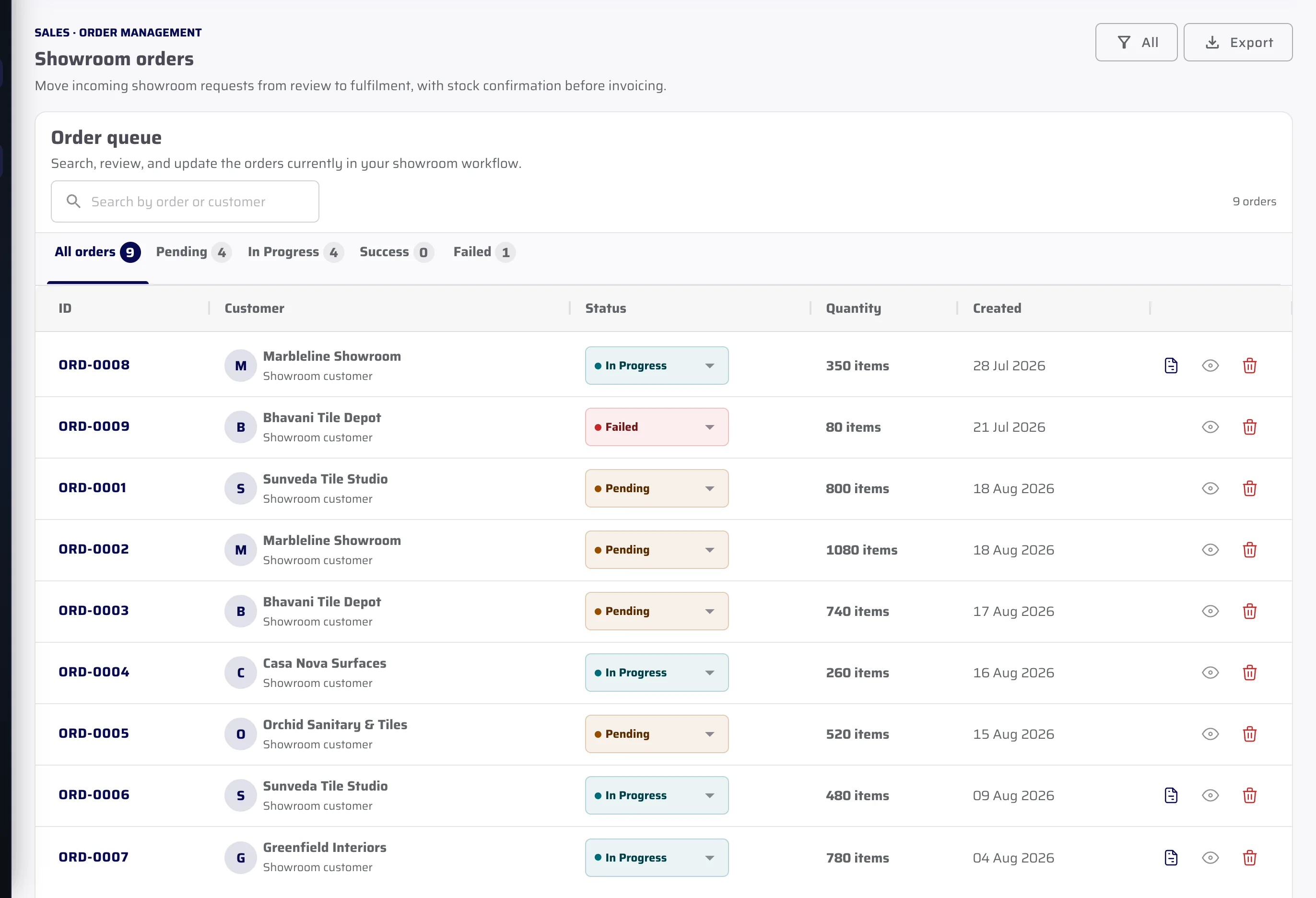 CeramicPortal Admin portal order queue with fictional customer orders