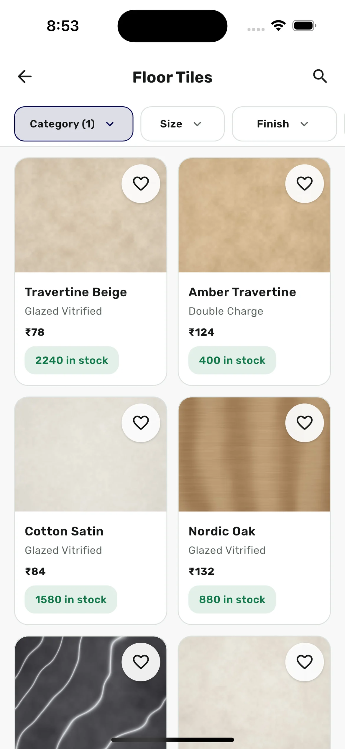 The real CeramicPortal retailer app showing assigned Floor Tiles and fictional product prices