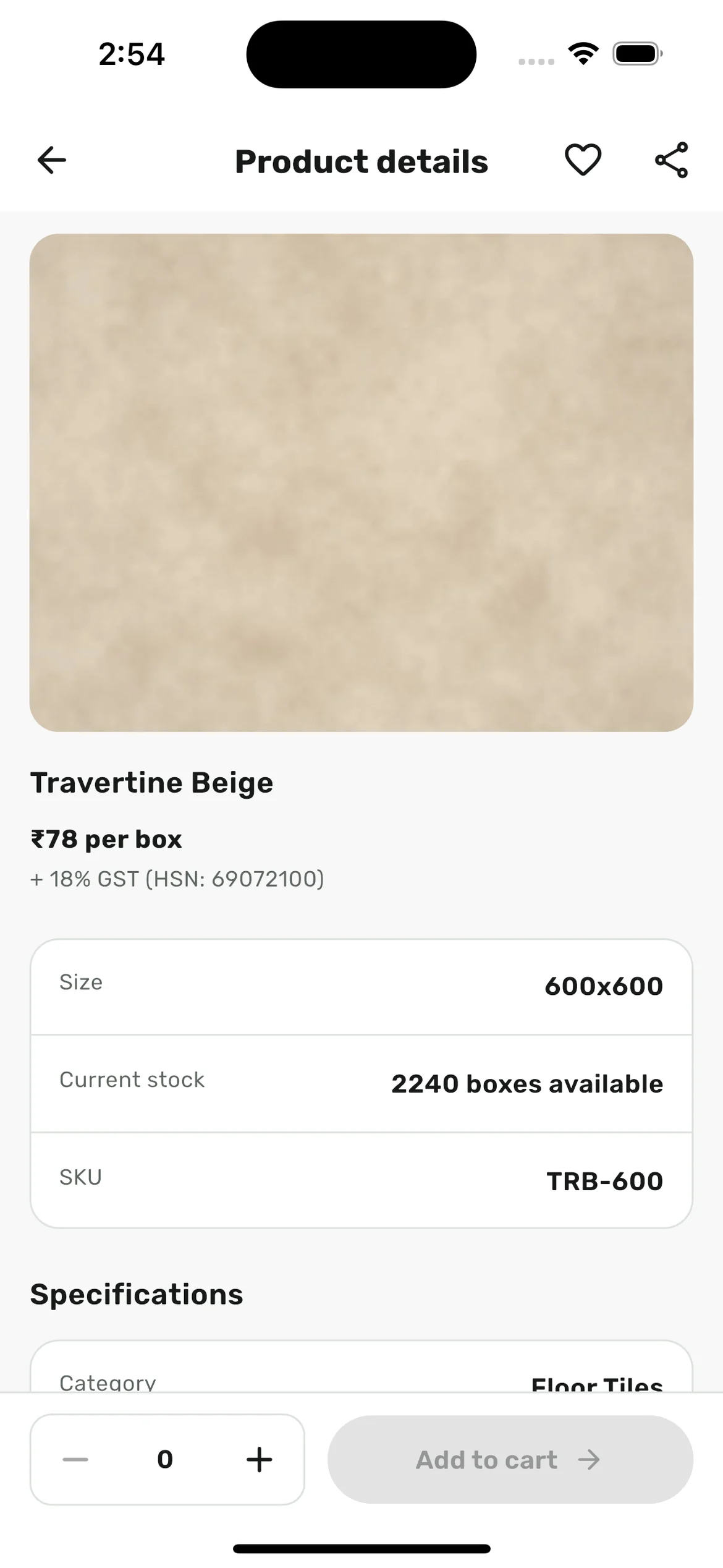 The real CeramicPortal retailer app product detail for fictional Travertine Beige with its seeded product price, stock and quantity controls