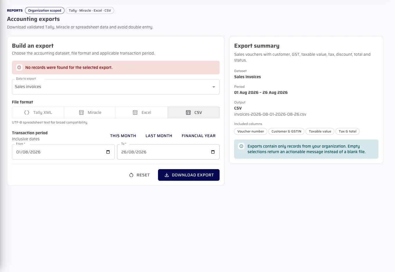 The real accounting export builder selects CSV and a transaction period, then requests an export from fictional demo records.