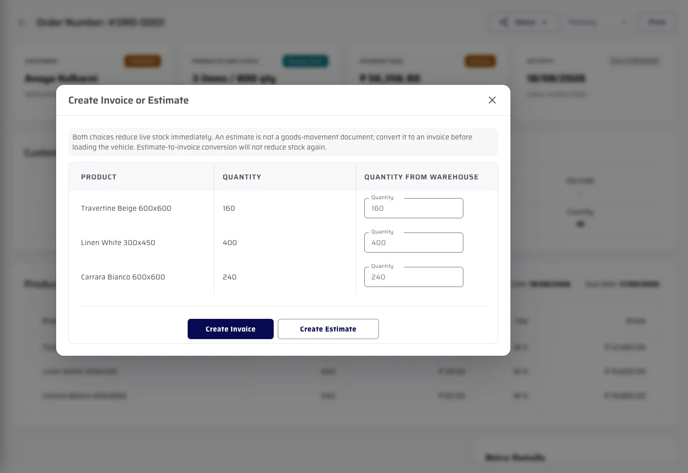 A real seeded retailer order opens the Create Invoice or Estimate screen in CeramicPortal Admin.